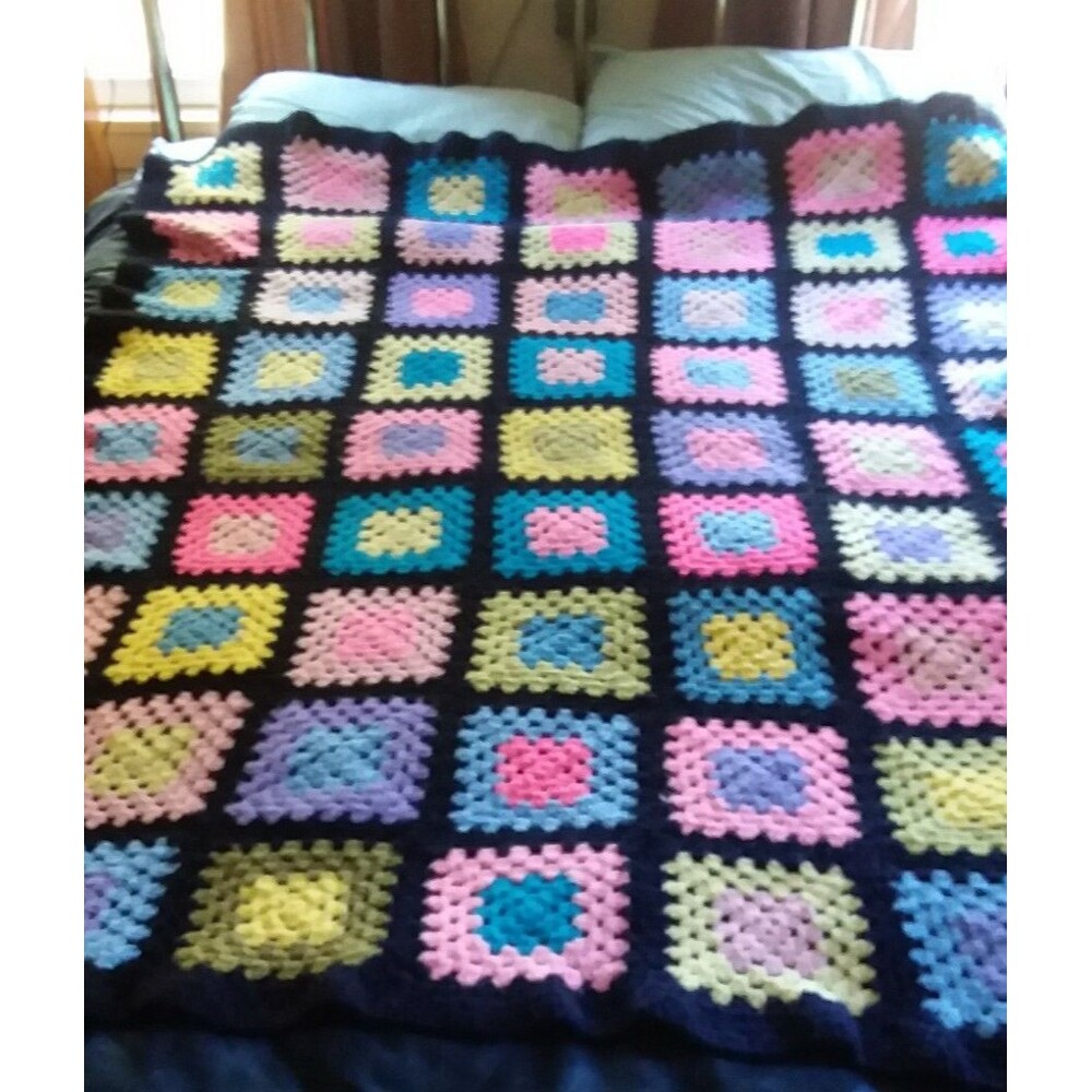 80s Afghan Rosanne Granny Square Crochet Throw Blanket Boho Black Multi 65x53